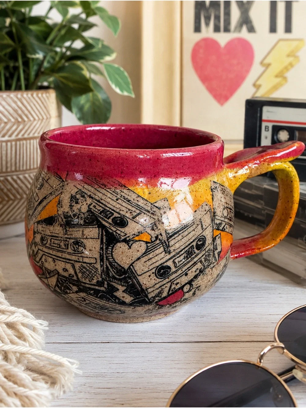 Handmade Studio Pottery Mixtape Mug Retro Cassette Coffee Cup Artisan Ceramic Bo